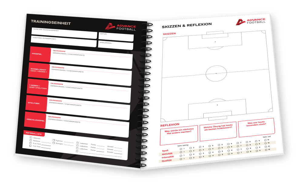 Innenansicht des ADVANCE.FOOTBALL Trainingsplaners