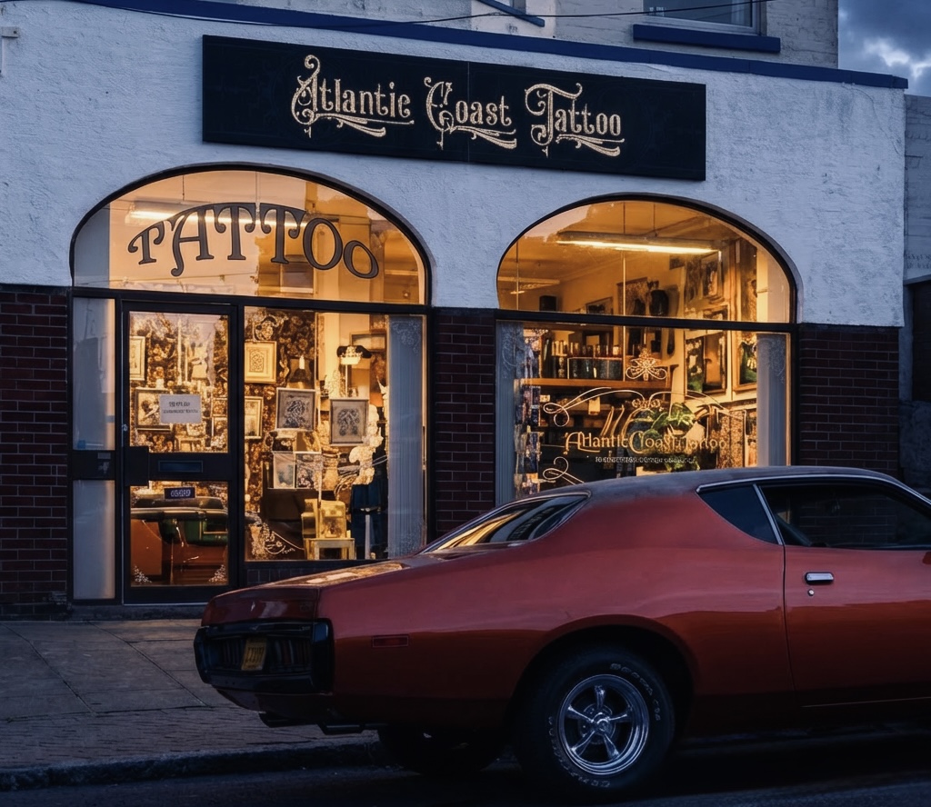 Atlantic Coast Tattoo studio storefront Newquay Cornwall - professional tattoo shop at 18 Cliff Road with illuminated signage