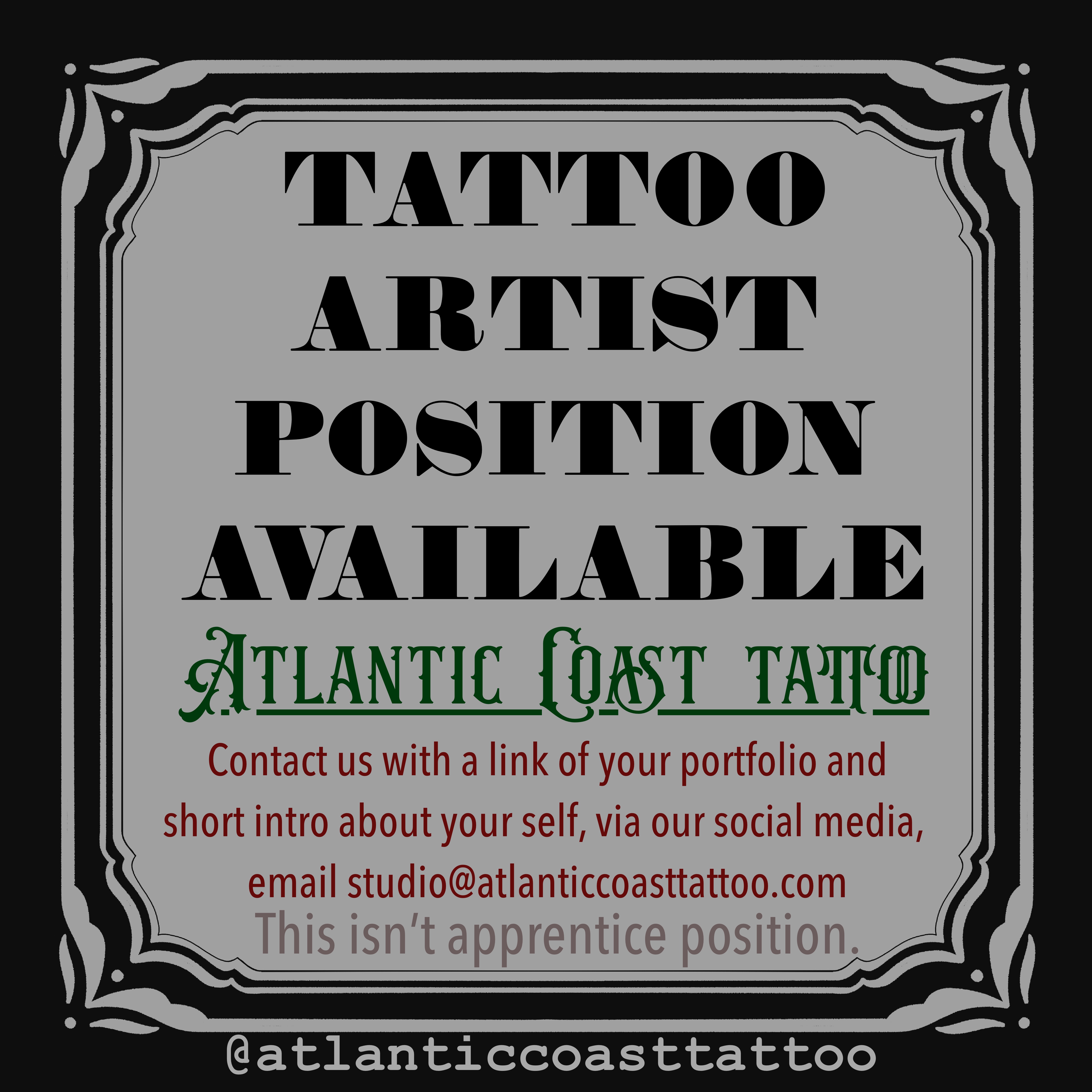 Tattoo Artist Wanted at Atlantic Coast Tattoo, Newquay, Cornwall UK