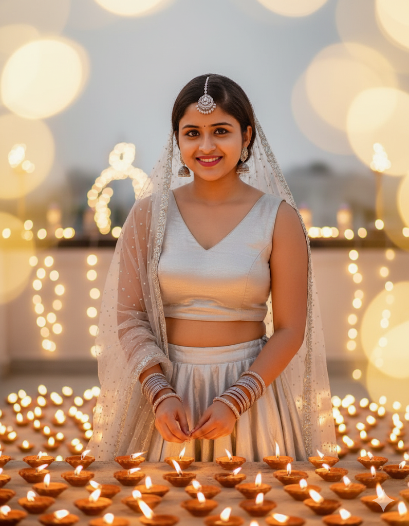 Family performing Diwali puja at home, traditional attire, warm golden glow, Gemini AI photo prompt