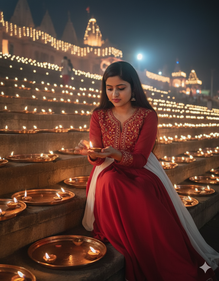 Woman holding diyas in traditional attire, photorealistic Gemini AI Diwali photo prompt