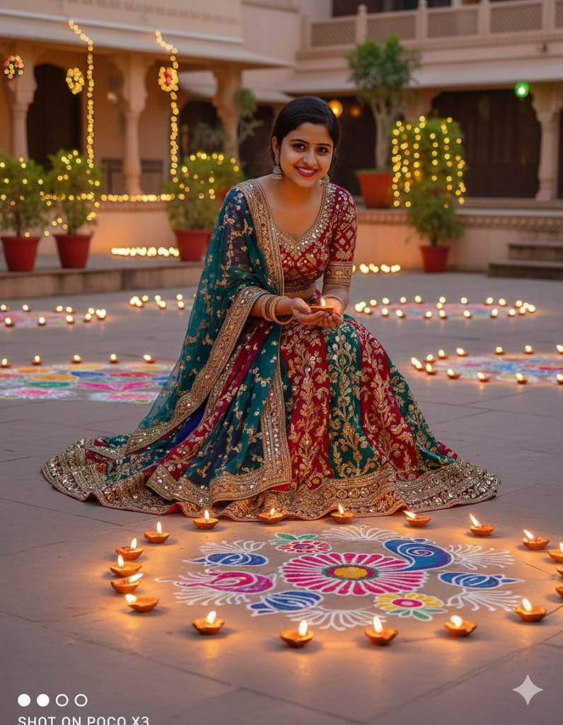 Colorful Diwali rangoli with lit diyas, 4K photorealistic Gemini AI prompt