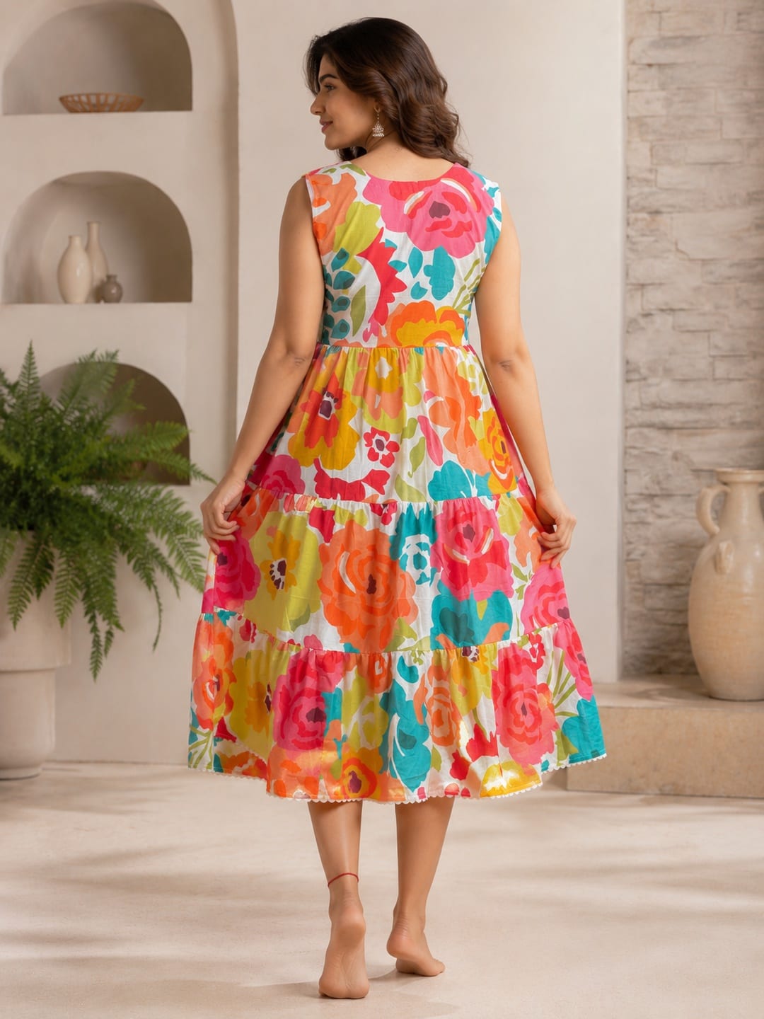 Women White & Pink Floral Print Sleeveless Tiered Cotton A-Line Midi Dress - View 3