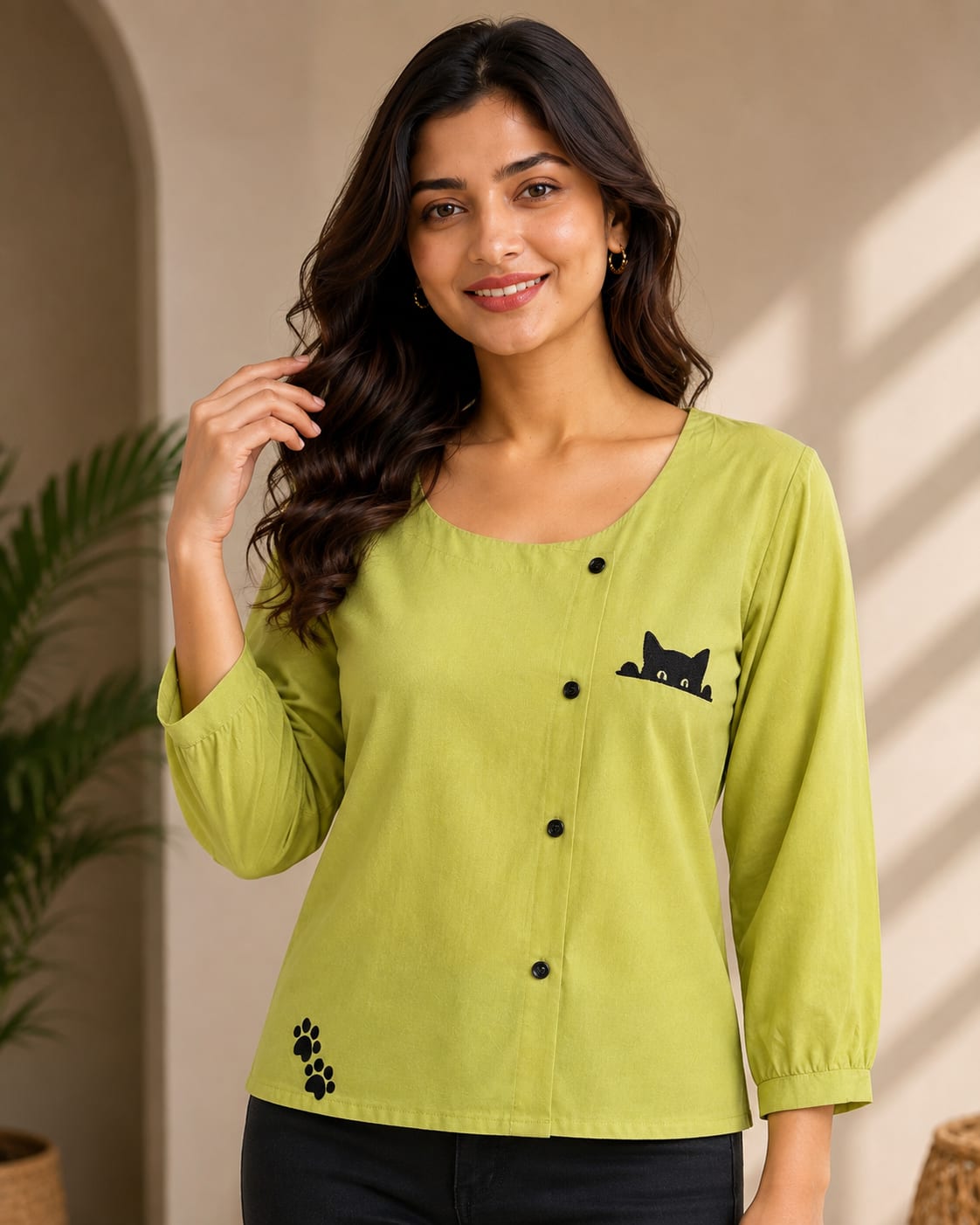 Women Lime Green Cat Graphic Button-Down Casual Top - View 1