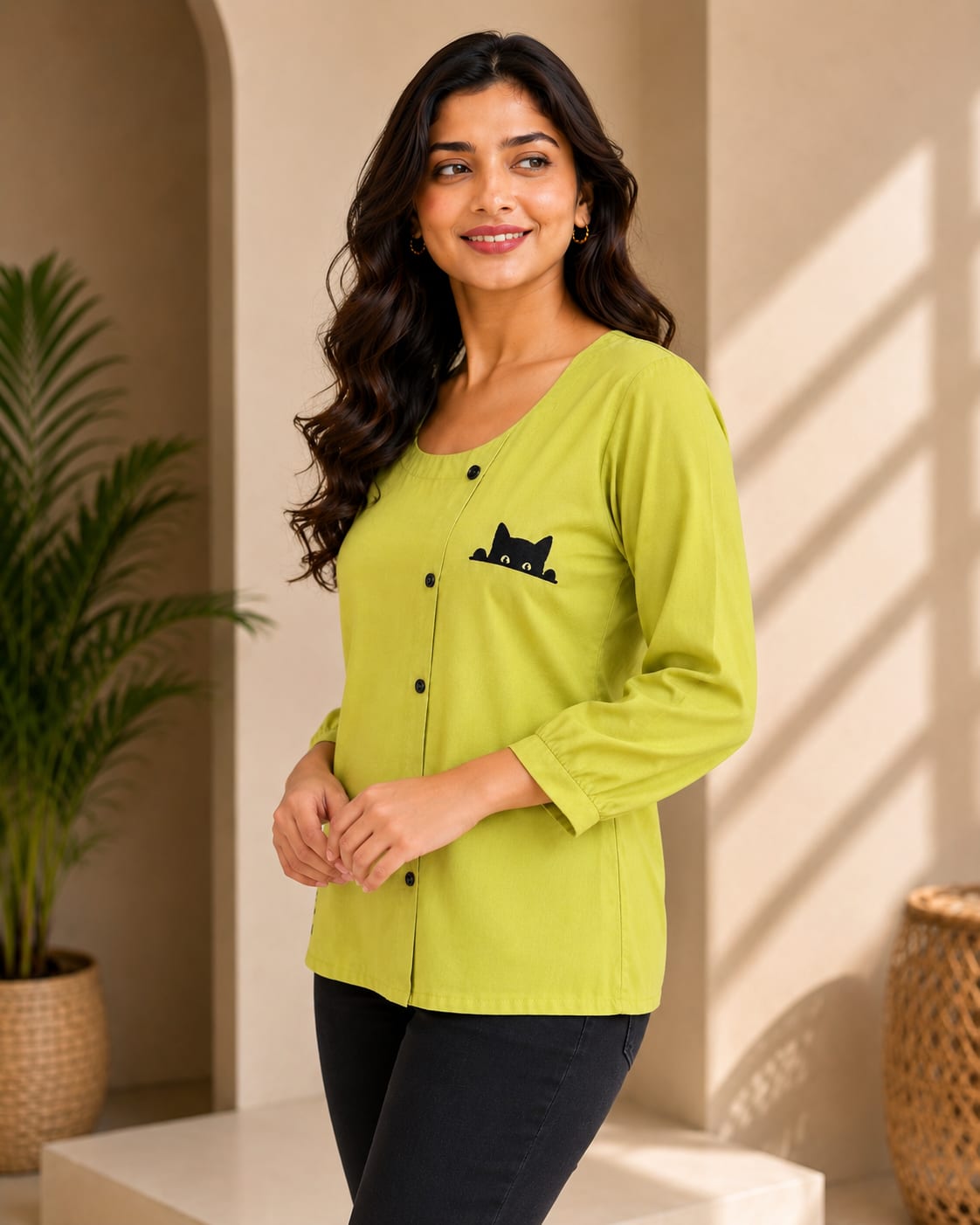 Women Lime Green Cat Graphic Button-Down Casual Top - View 2