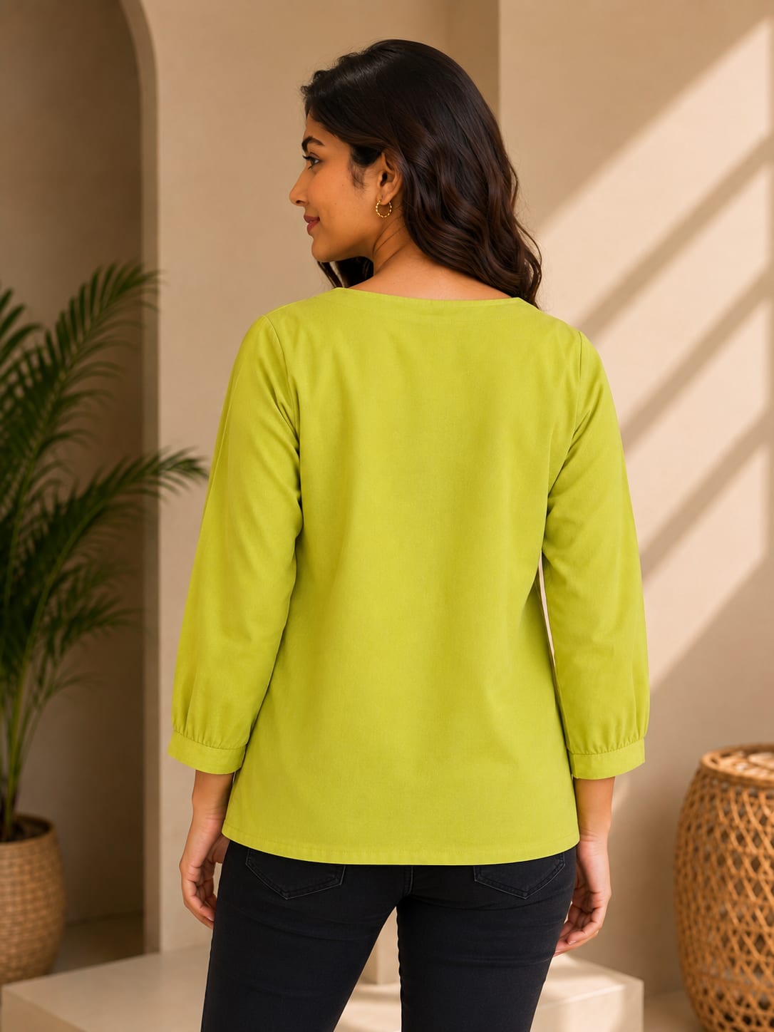 Women Lime Green Cat Graphic Button-Down Casual Top - View 3