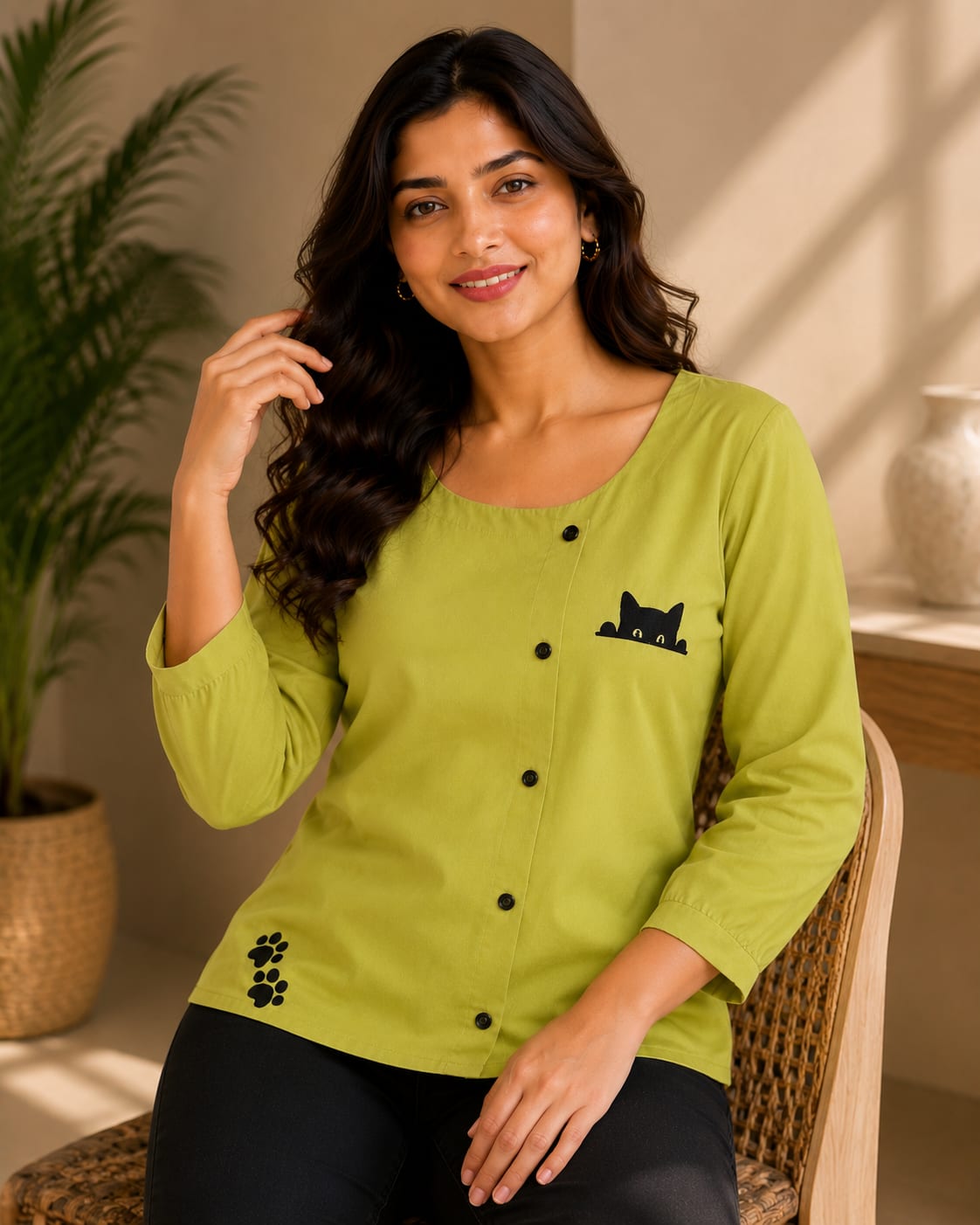 Women Lime Green Cat Graphic Button-Down Casual Top - View 4