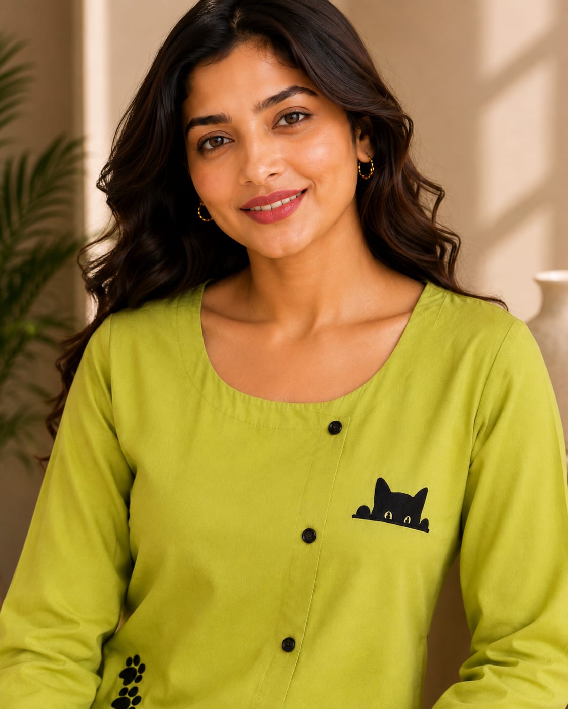 Women Lime Green Cat Graphic Button-Down Casual Top - View 0