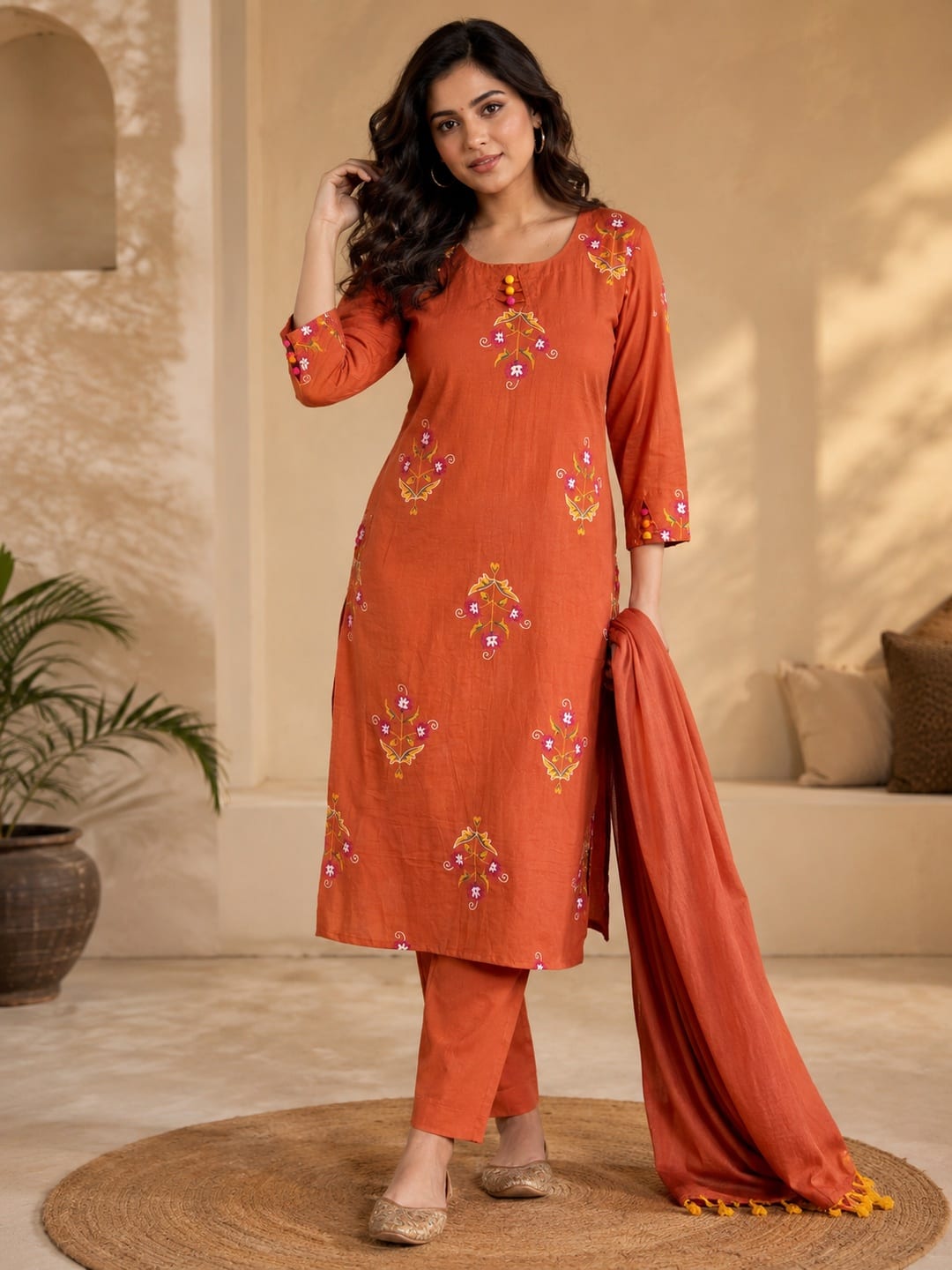 Women Rust Orange Embroidered Kurta Set with Trousers and Dupatta - View 1