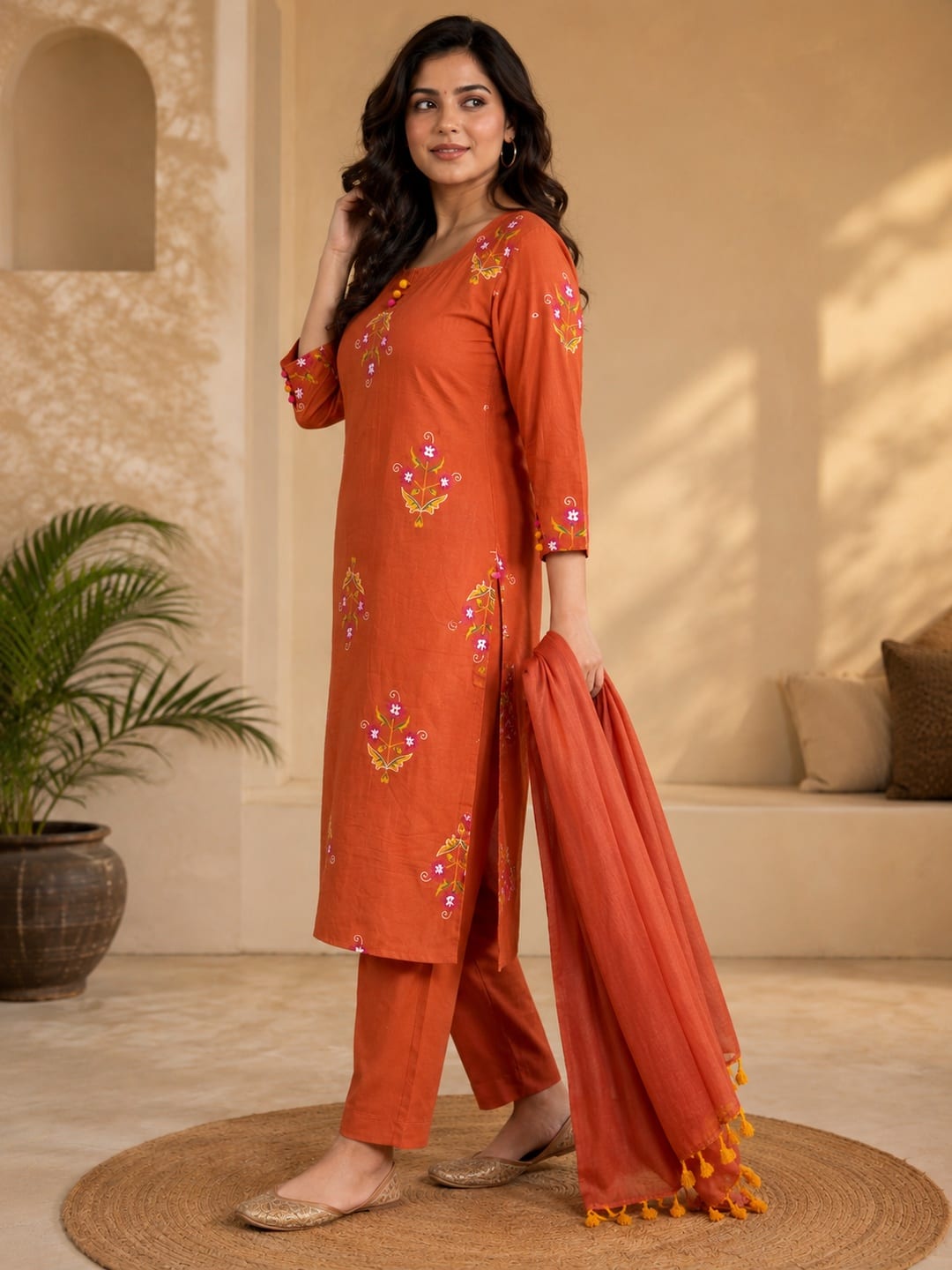 Women Rust Orange Embroidered Kurta Set with Trousers and Dupatta - View 2