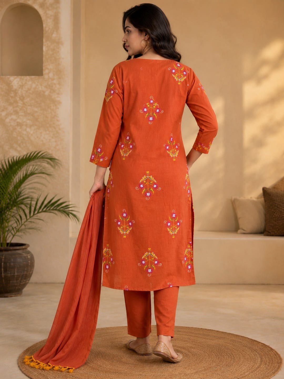 Women Rust Orange Embroidered Kurta Set with Trousers and Dupatta - View 3