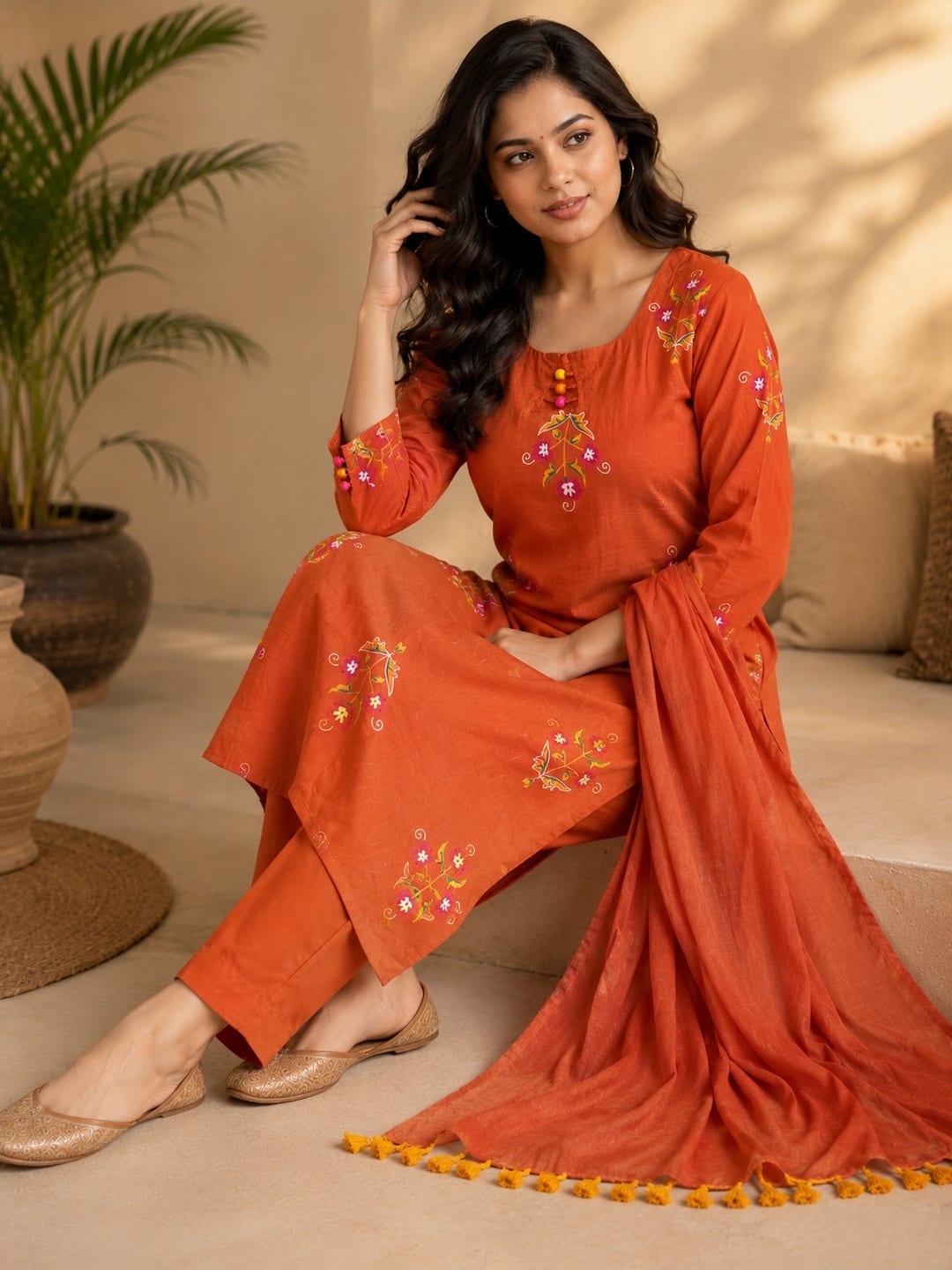 Women Rust Orange Embroidered Kurta Set with Trousers and Dupatta - View 4