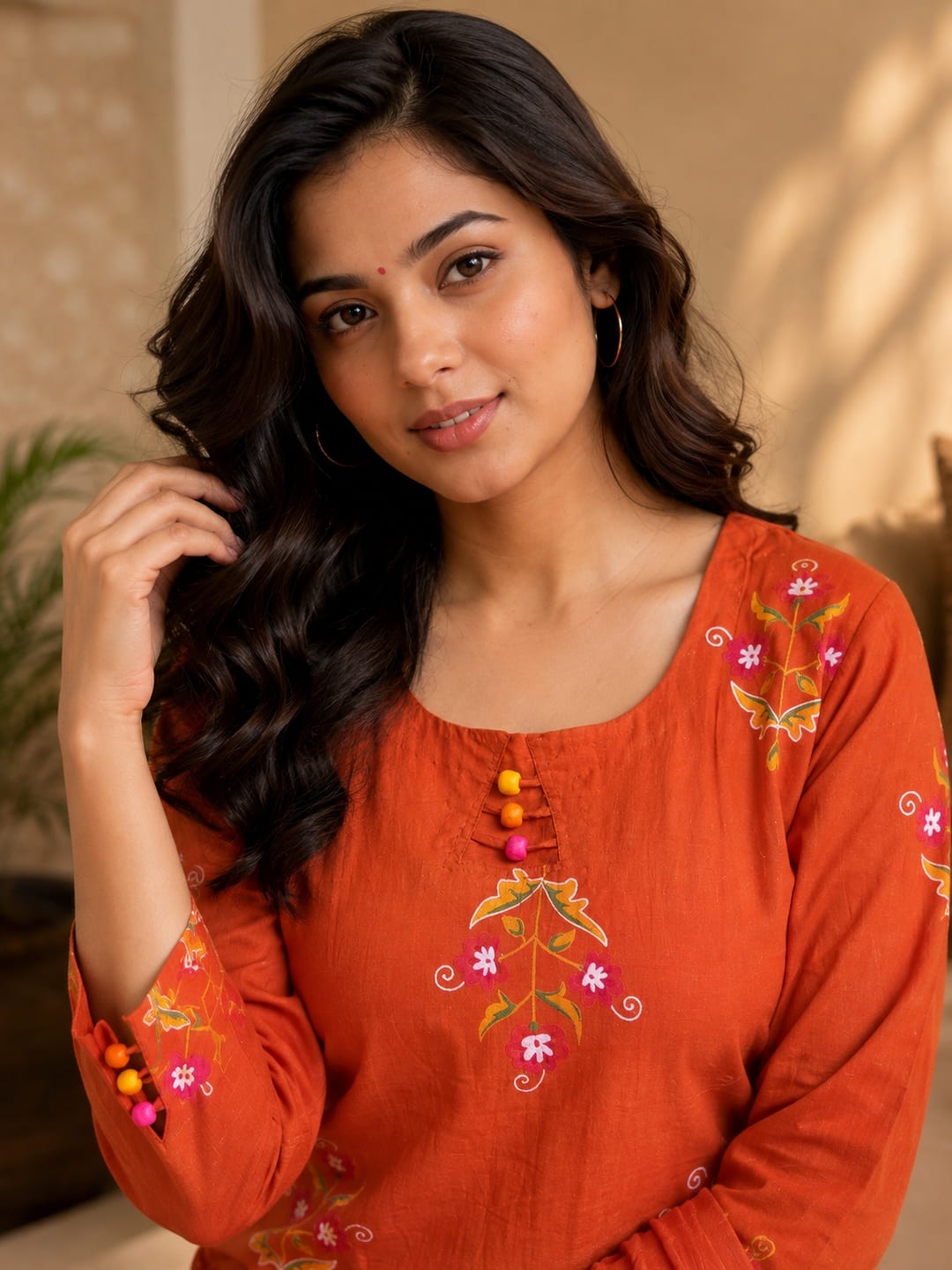 Women Rust Orange Embroidered Kurta Set with Trousers and Dupatta - View 0