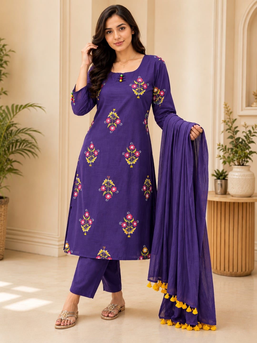 Women Purple Floral Printed Kurta Set with Dupatta - View 1