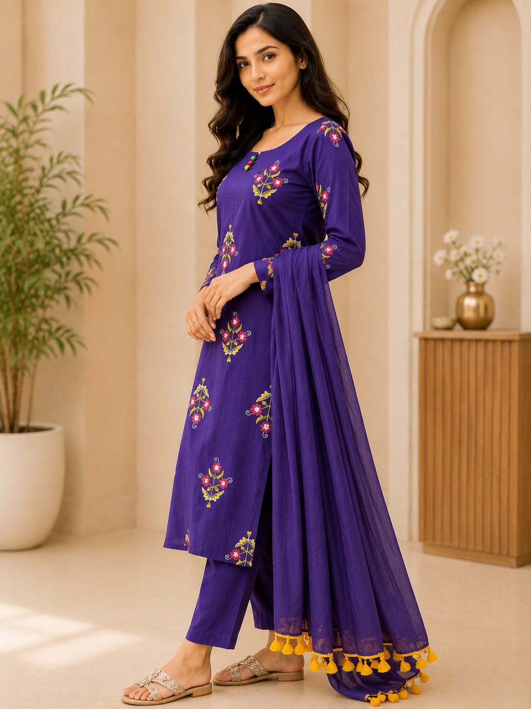 Women Purple Floral Printed Kurta Set with Dupatta - View 2