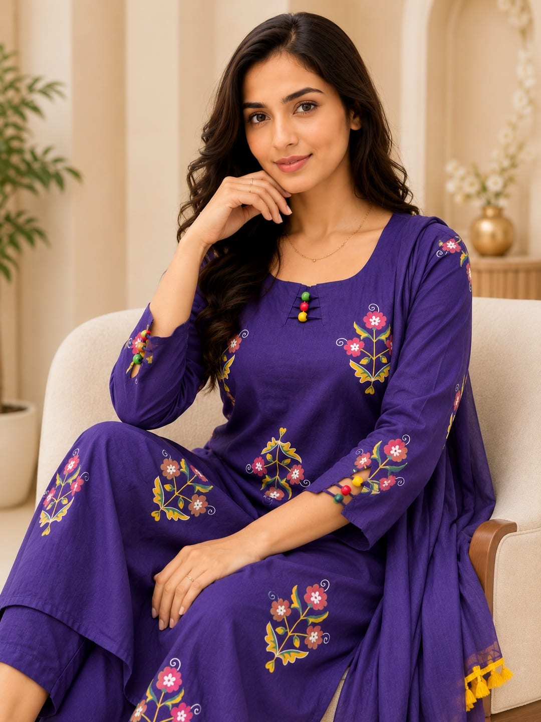 Women Purple Floral Printed Kurta Set with Dupatta - View 4