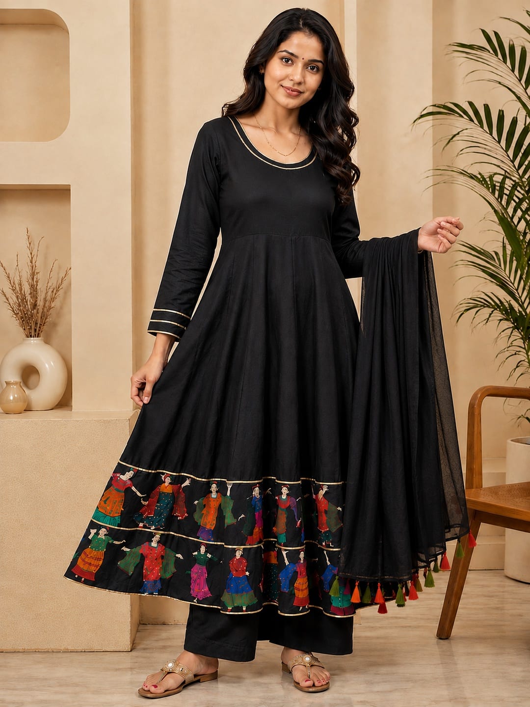 Women Black Ethnic Motifs Printed Anarkali Kurta with Palazzos & Dupatta - View 1