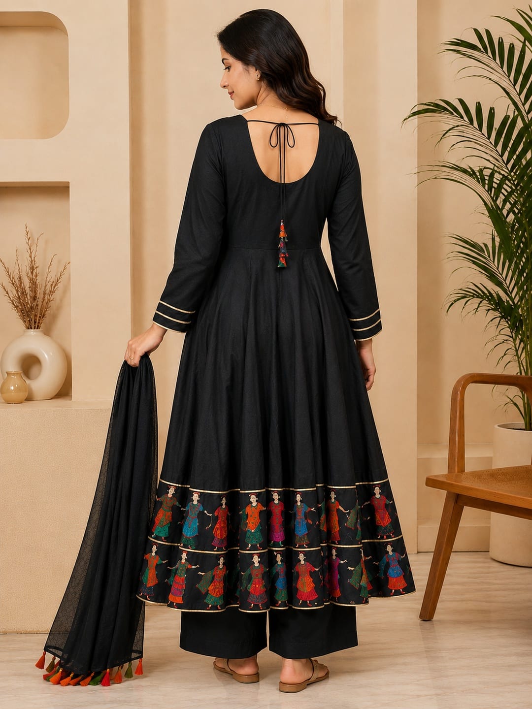 Women Black Ethnic Motifs Printed Anarkali Kurta with Palazzos & Dupatta - View 3