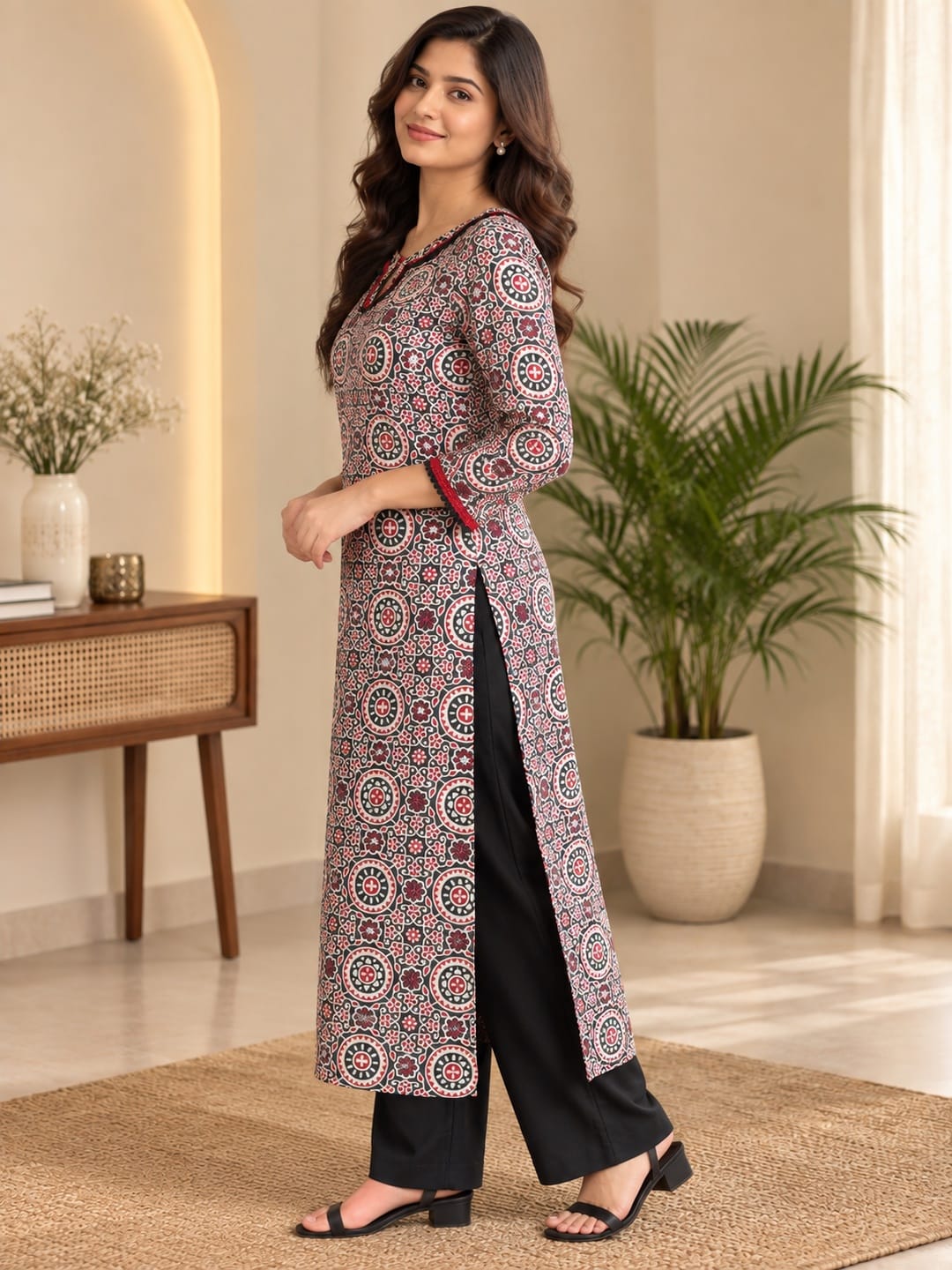 Women Black & Red Ethnic Motif Printed Keyhole Neck Straight Kurta - View 2