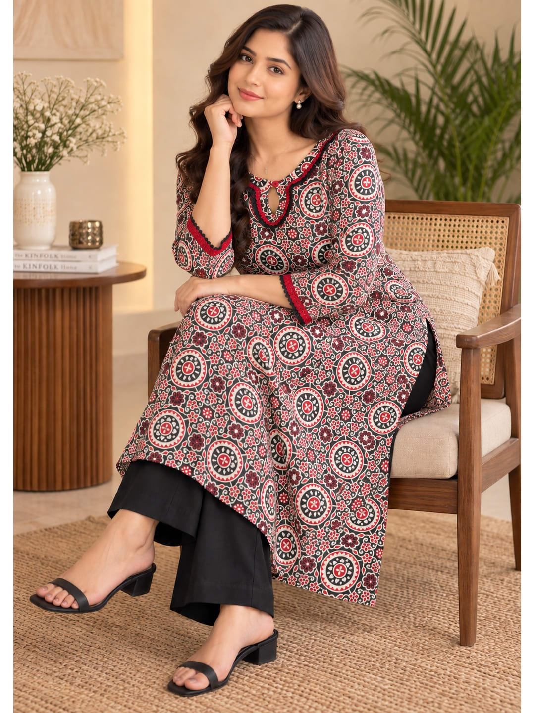 Women Black & Red Ethnic Motif Printed Keyhole Neck Straight Kurta - View 4