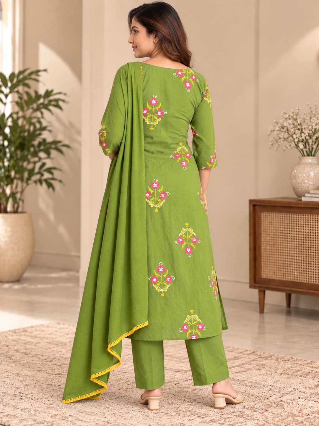 Women Olive Green Floral Embroidered Kurta with Trousers & Dupatta - View 3