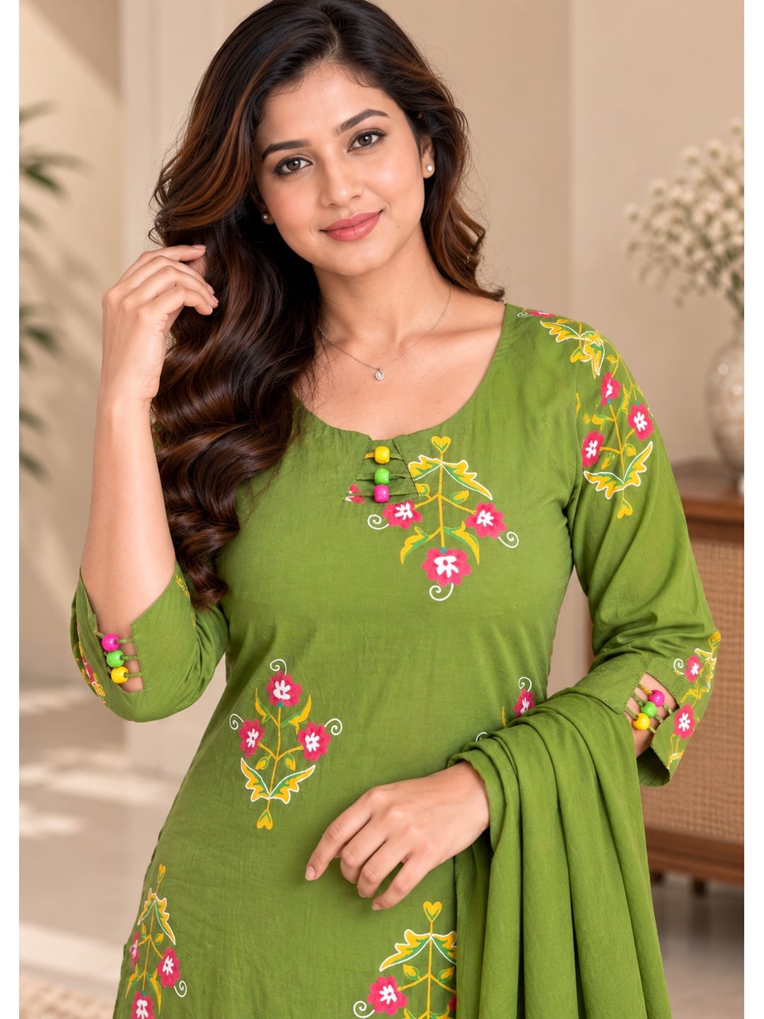 Women Olive Green Floral Embroidered Kurta with Trousers & Dupatta - View 0