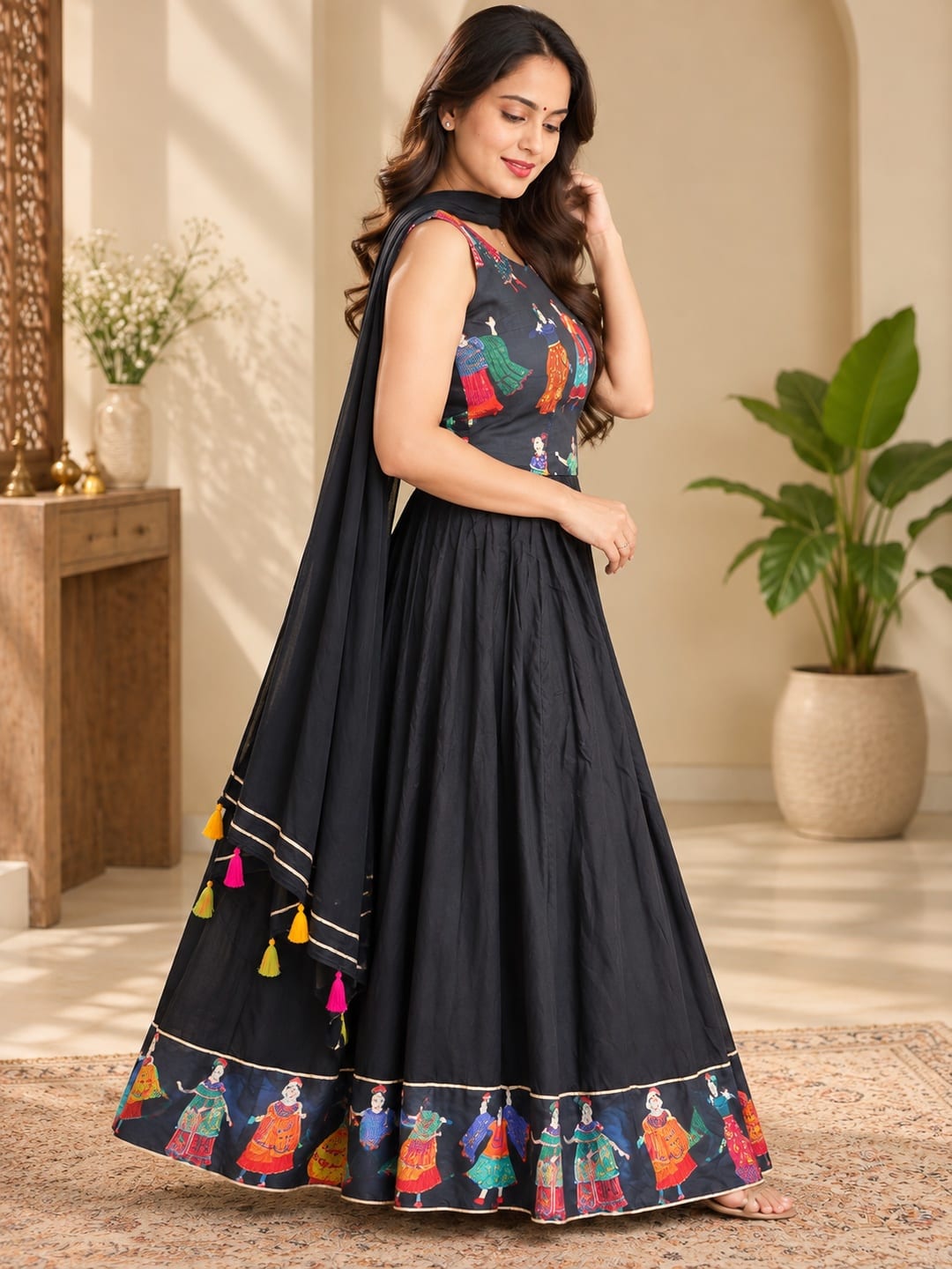 Women Black Printed Sleeveless Top and Flared Skirt Co-Ord Set with Dupatta - View 2