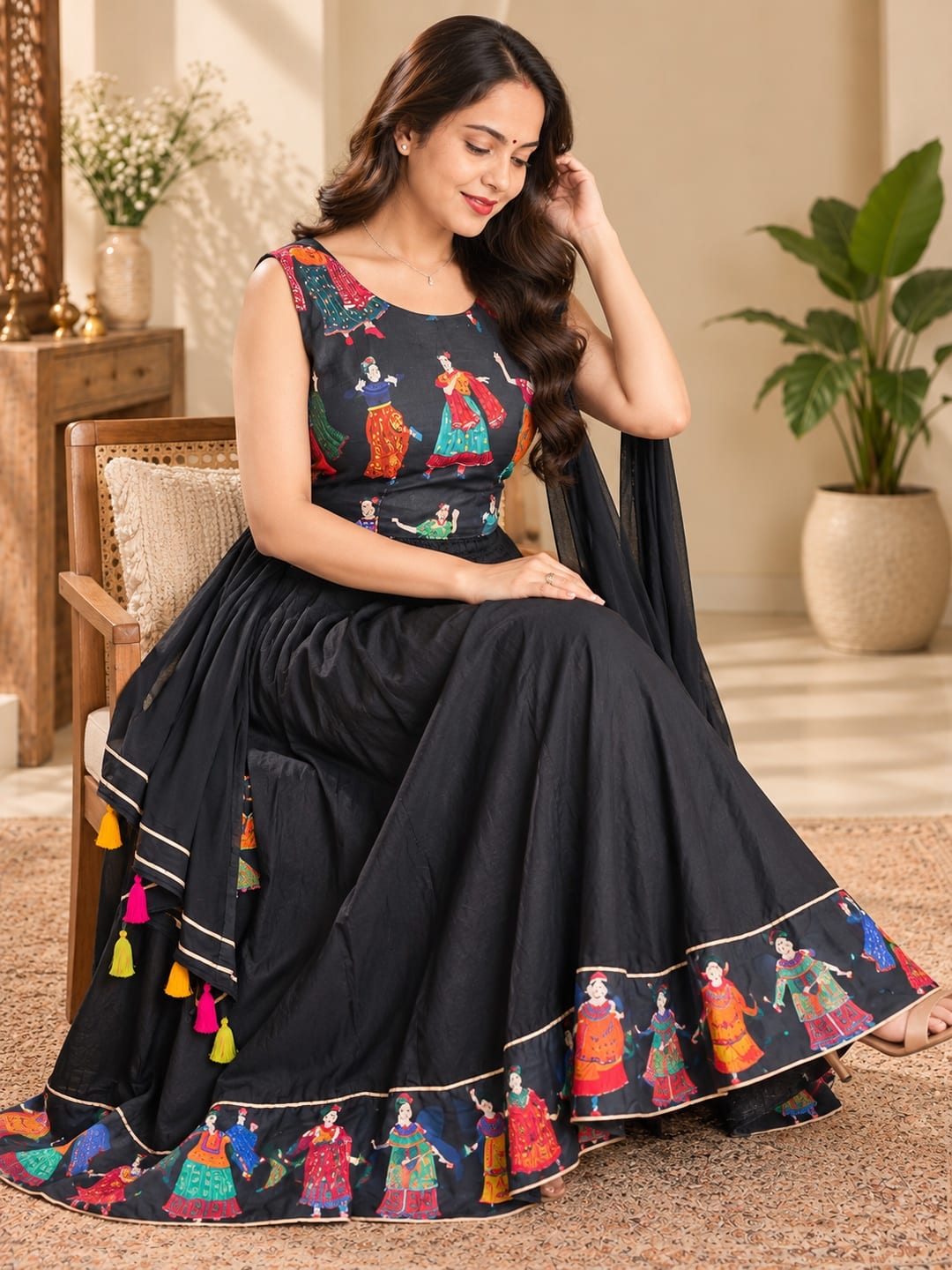Women Black Printed Sleeveless Top and Flared Skirt Co-Ord Set with Dupatta - View 4