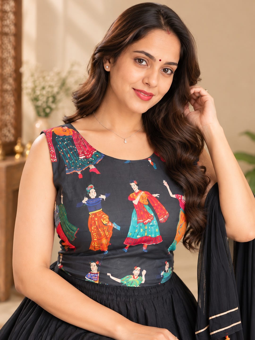 Women Black Printed Sleeveless Top and Flared Skirt Co-Ord Set with Dupatta - View 5