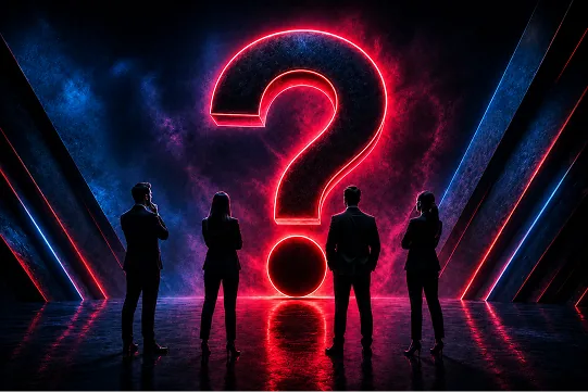 People looking at neon question mark