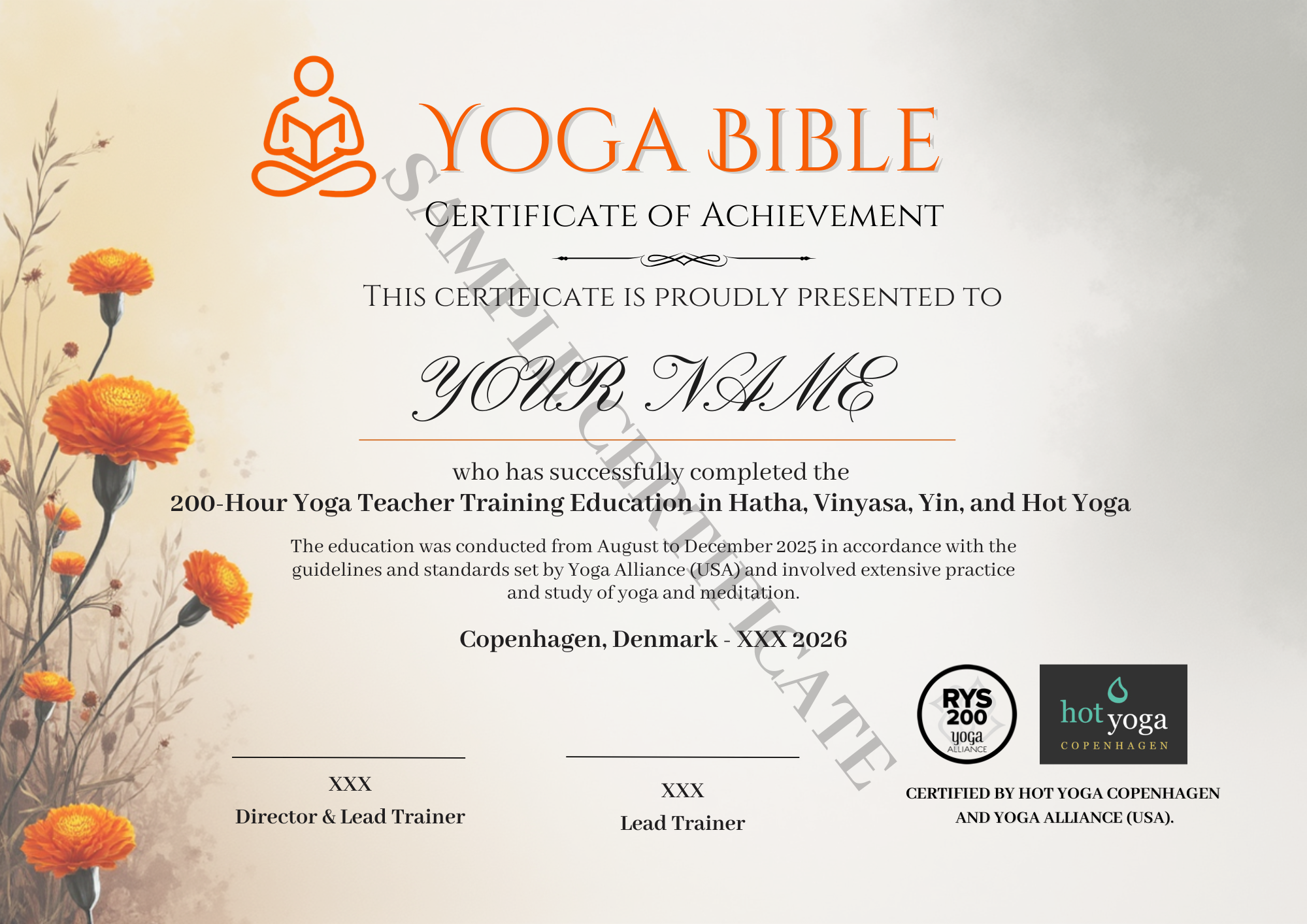 Yoga Alliance RYS 200 Certificate Sample