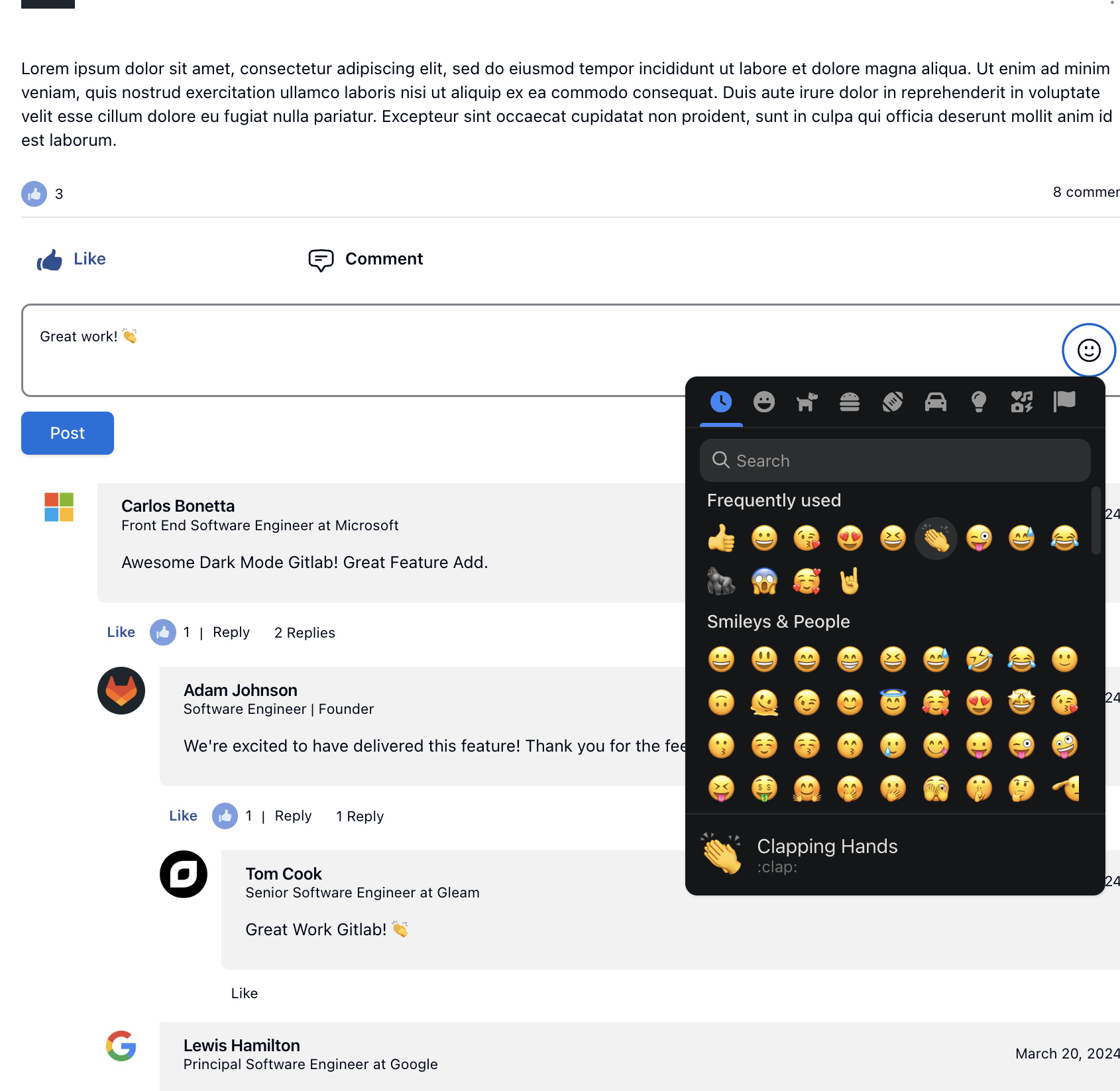 Post new comment field with emoji menu