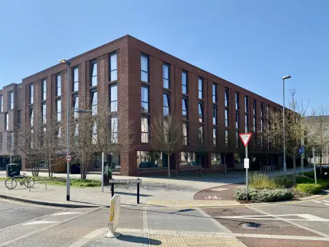 Corner view of the hotel from across the street. 