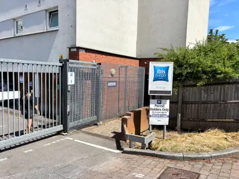 The car park entrance is gated