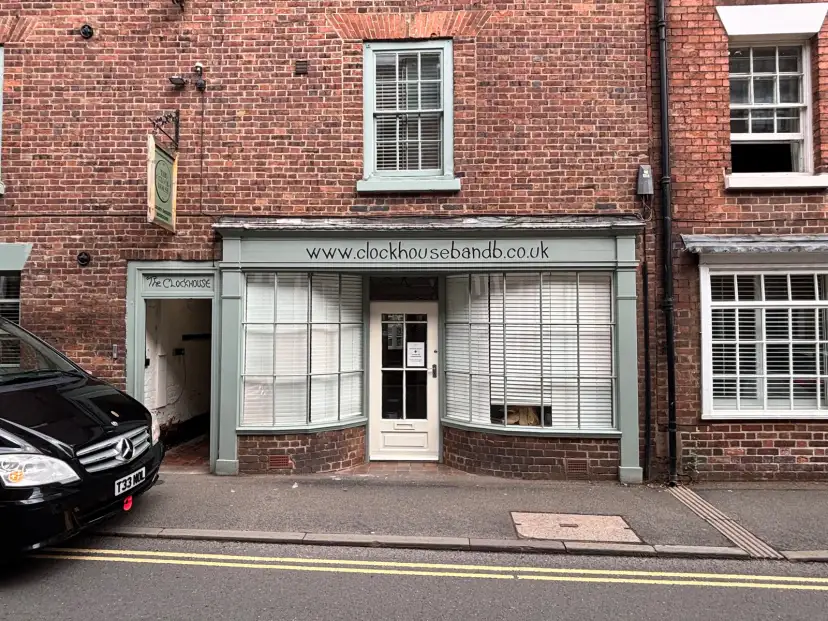 The Clockhouse Bewdley hotel exterior on the narrow Georgian high street in Bewdley, Worcestershire, with historic buildings and independent shops visible