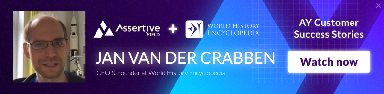 an ad banner of world history encyclopedia customer success journey with Assertive Yield