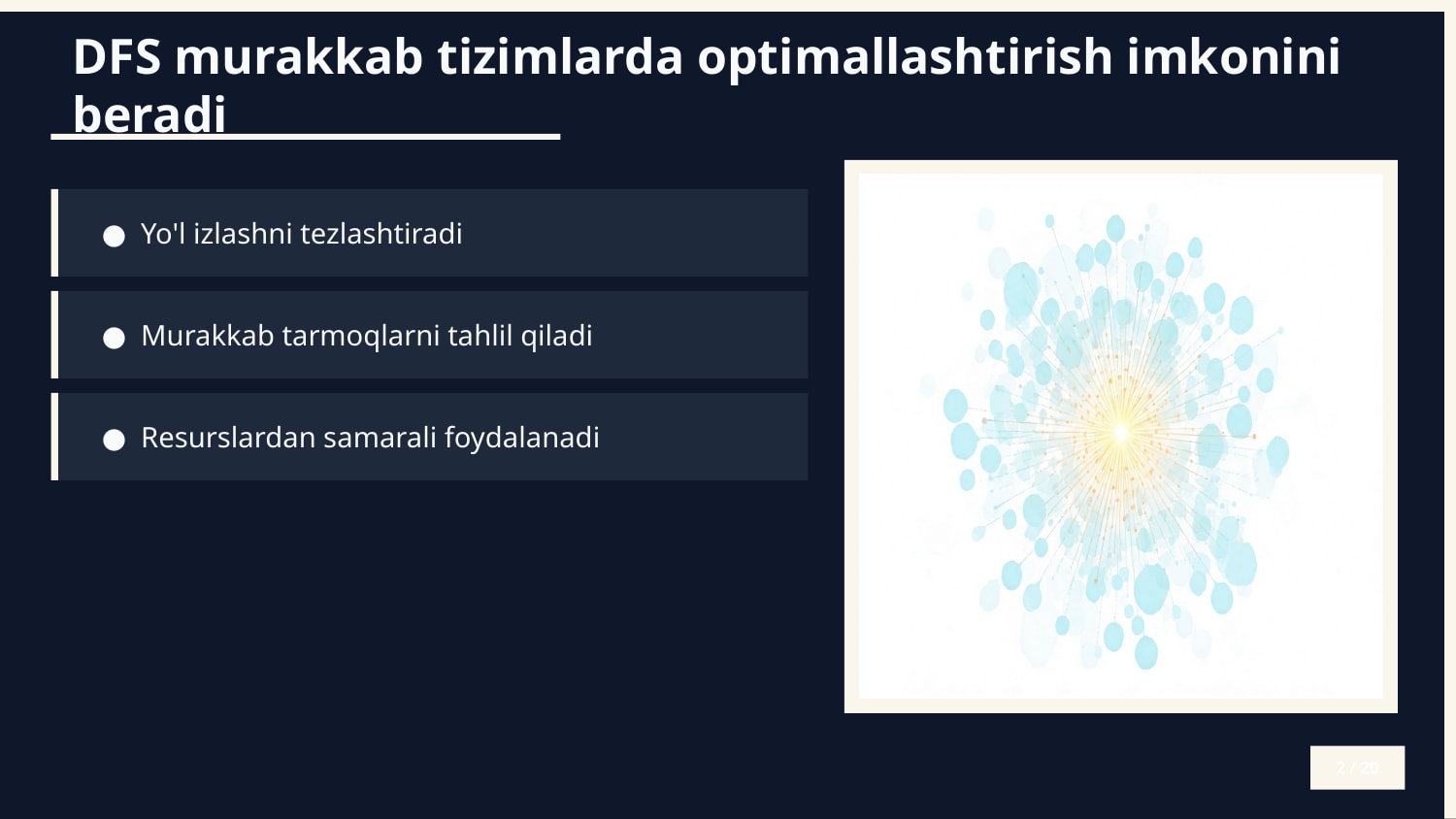 Qidiruv algoritmlari: Chuqurlik bo‘yicha qidiruv (DFS) — Slayd 2