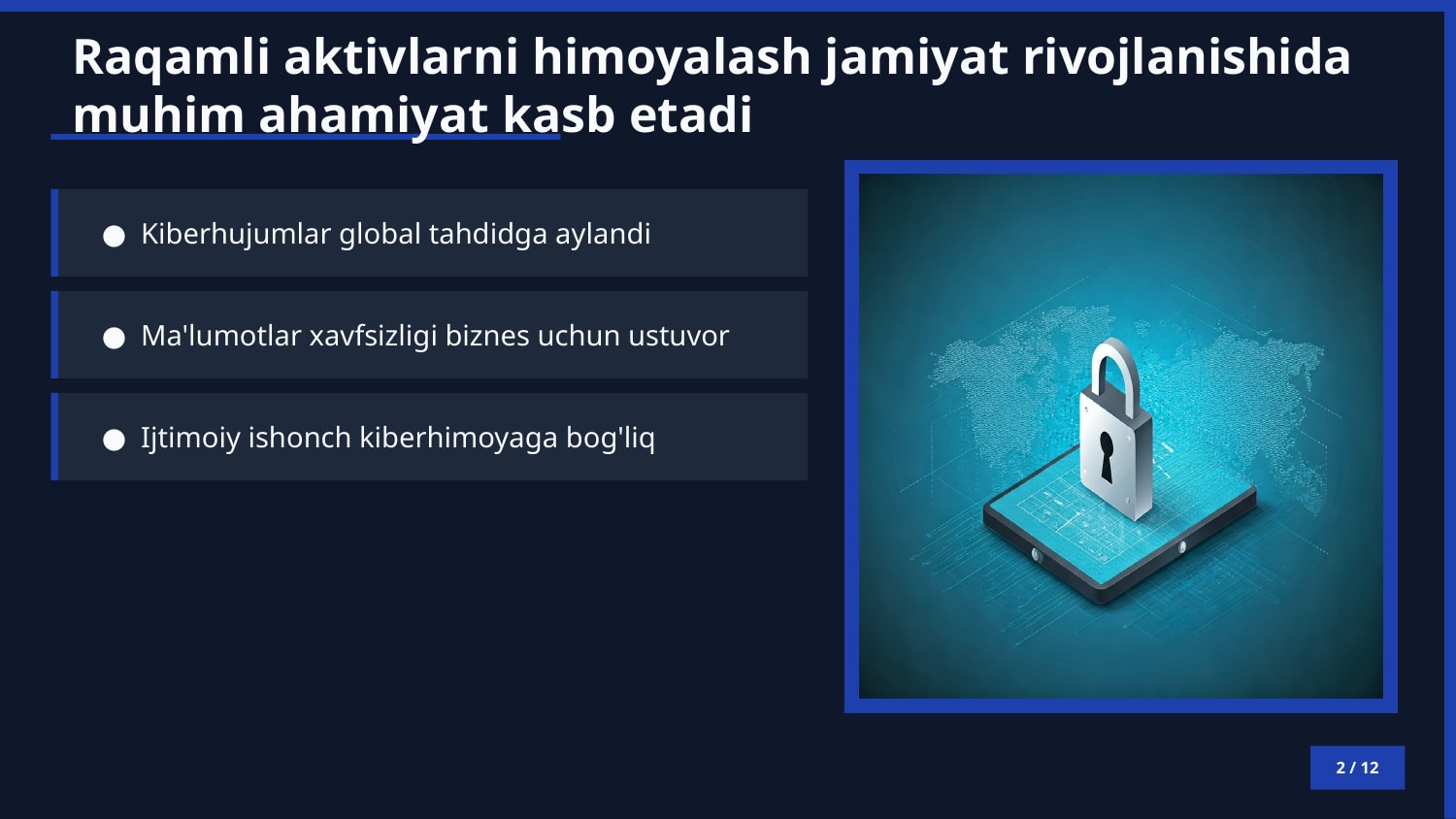 KIBERXAVFSIZLIKNING BILIM SOHALARI, AXBOROT XAVFSIZLIGI ASOSIY KOMPONENTALARI. — Slayd 2