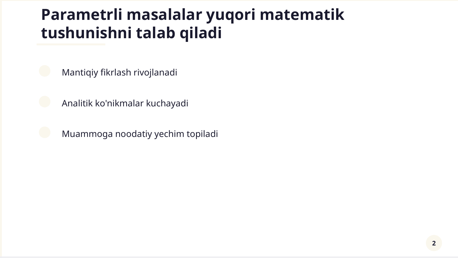 Parametr qatnashgan tenglamalar sistemasiga oid masalalar yechish — Slayd 2