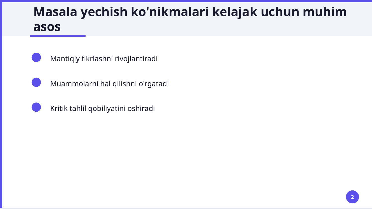 Boshlang`ich sinflarda masala yechishga o’rgatish bosqichlari va uning mantiqiy asosi. Masalalar turlari va ular ustida ijodiy ishlash — Slayd 2