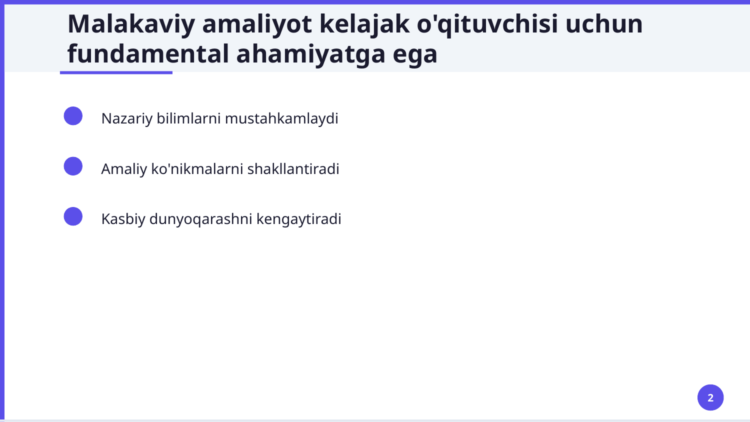 Amaliyot dasturi b-n (bilan) tanishish
Maktabga biriktirilishi
Amaliyotning maqsad vazifalari, kutilayotgan natijalari
Maktab jamoasi b-n (bilan) tanishish
Maktab xodimlarining lavozim yo'riqnomalari
Ta'lim sohasini tartibga soluvchi normativ-huquqiy hujjat[lar]
O'qituvchining ish yuklamasi
O'qituvchidan talab etiladigan hujjatlar (yillik ish reja)
Dars jadvali
O'quvchilar bilimini baholash (BSB, CHSB)
O'qituvchilar toifalari
Ochiq darslarni tashkil etish
E-maktab tushunchasi — Slayd 2