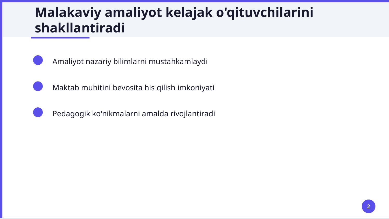 Amaliyot dasturi b-n (bilan) tanishish
Maktabga biriktirilishi
Amaliyotning maqsad vazifalari, kutilayotgan natijalari
Maktab jamoasi b-n (bilan) tanishish
Maktab xodimlarining lavozim yo'riqnomalari
Ta'lim sohasini tartibga soluvchi normativ-huquqiy hujjat[lar]
O'qituvchining ish yuklamasi
O'qituvchidan talab etiladigan hujjatlar (yillik ish reja)
Dars jadvali
O'quvchilar bilimini baholash (BSB, CHSB)
O'qituvchilar toifalari
Ochiq darslarni tashkil etish
E-maktab tushunchasi — Slayd 2