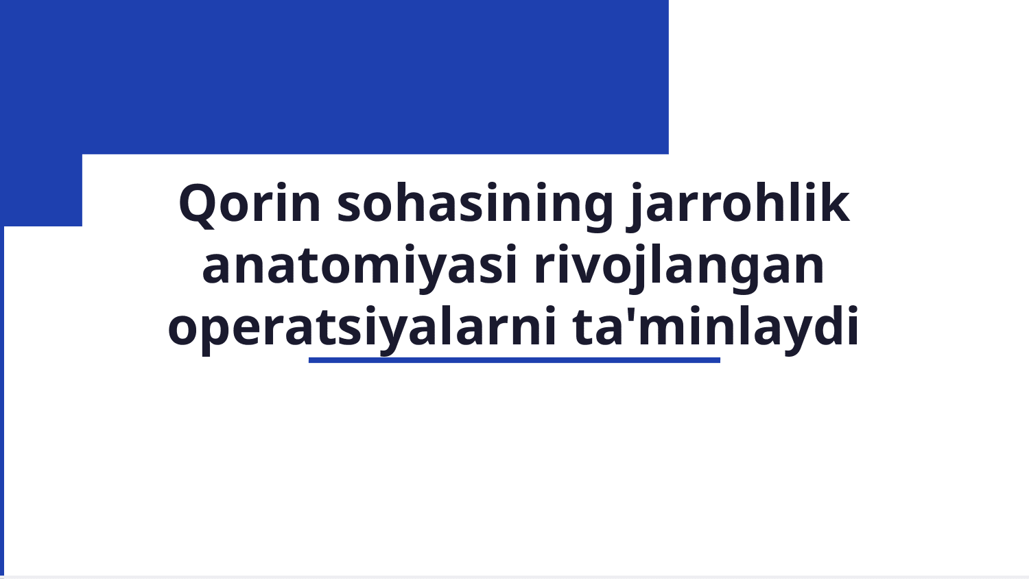 . Qorin sohasining topografik anatomiyasi va operativ
xirurgiyasi. Qorinning old-yon devori: sohalari, qavatma-qavat tuzilishi, qorin
devorlarinig zaif joylari. Kindik, chov va son kanallari, ularning bolalardagi
xususiyatlari. Tashqi va ichki churralarning klinik anatomiyasi. Churra kesish va
churra darvozalarini plastika qilish usullari va texnikasi. — Slayd 1