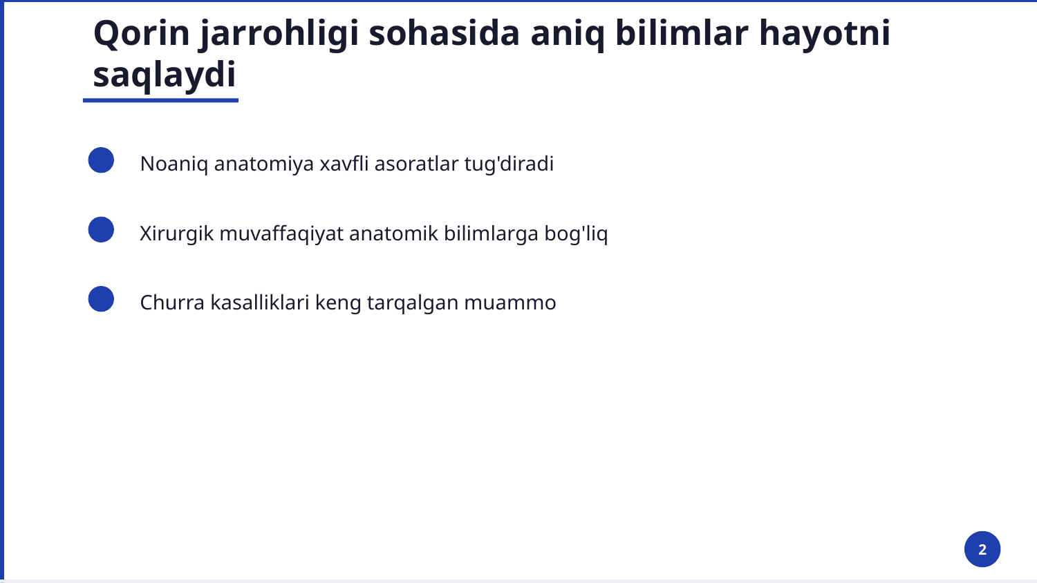 . Qorin sohasining topografik anatomiyasi va operativ
xirurgiyasi. Qorinning old-yon devori: sohalari, qavatma-qavat tuzilishi, qorin
devorlarinig zaif joylari. Kindik, chov va son kanallari, ularning bolalardagi
xususiyatlari. Tashqi va ichki churralarning klinik anatomiyasi. Churra kesish va
churra darvozalarini plastika qilish usullari va texnikasi. — Slayd 2