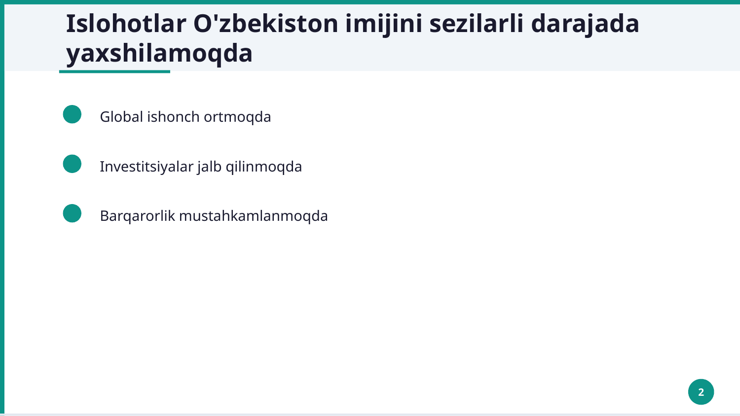 yangi o'zbekistonda ijtimoiy-siyosiy , iqtisodiy va madaniy hayotida ro'y berayotgan o'zgarishlarning xalqaro reyting va indekslarda aks etishi" — Slayd 2