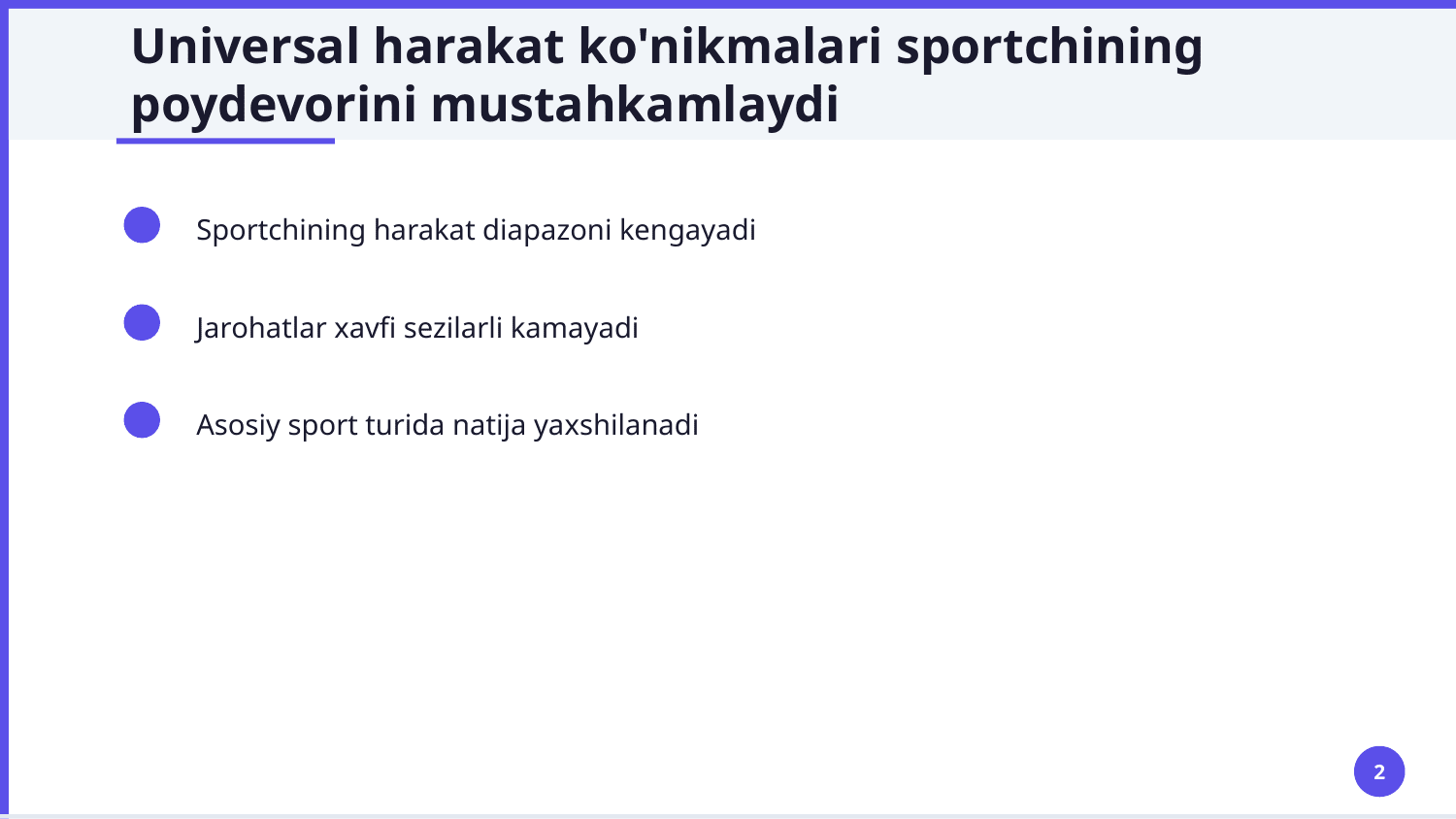 Saf va umumiy rivojlantiruvchi mashqlarni o‘rgatishni takomillashtirish. Tirmashib chiqish, muvozanat saqlash, uloqtirish, oddiy sakrashlar, erkin mashqlar, akrobatika mashqlarini o‘rgatishni takomillashtirish — Slayd 2