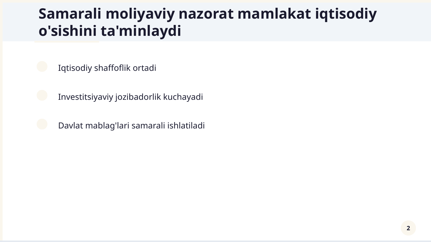 O‘zbekiston Respublikasi moliyaviy nazorat tizimida auditning o‘rni. — Slayd 2