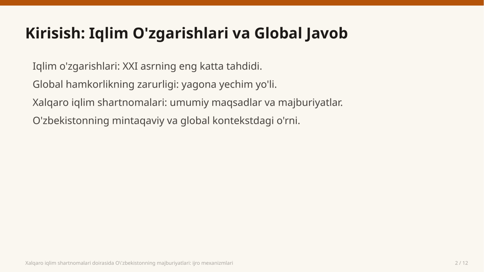 Xalqaro iqlim shartnomalari doirasida O'zbekistonning majburiyatlari: ijro mexanizmlari — Slayd 2