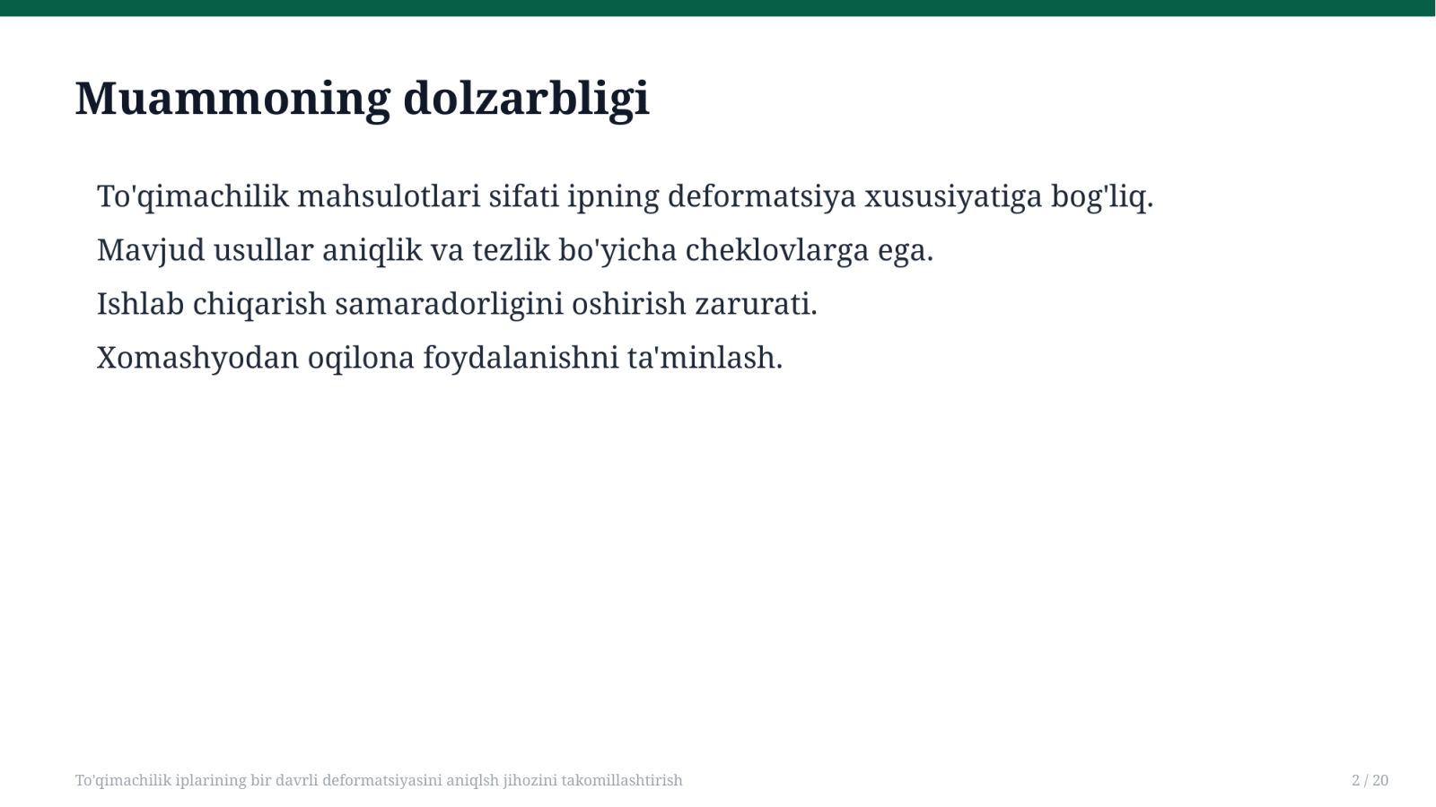 To'qimachilik iplarining bir davrli deformatsiyasini aniqlsh jihozini takomillashtirish — Slayd 2