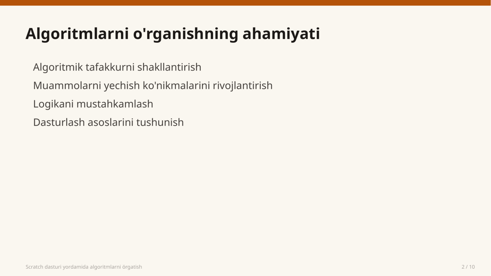 Scratch dasturi yordamida algoritmlarni örgatish — Slayd 2